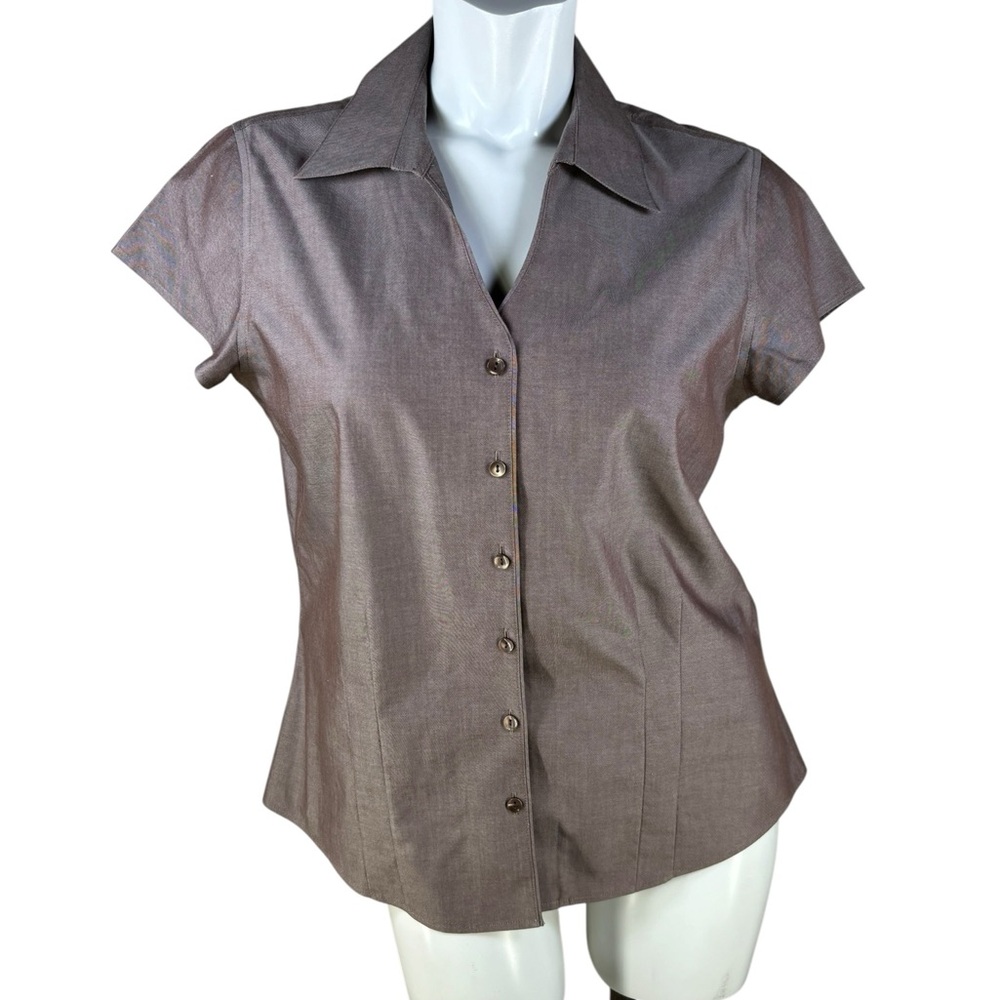 Coldwater Creek 100% Cotton Cap-Sleeve V-Neck Collared Blouse Dark Taupe Medium